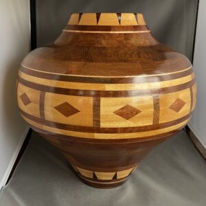 wood turned art, wood turned large vase, wood turned redwood burl, yellow heart panels redwood turned vase, decorative wood pieces